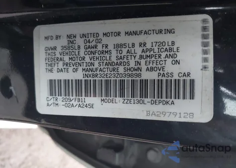 2003 Toyota Corolla Ce/Le/S z USA, uszkodzony, nr VIN 1NXBR32E23Z039898